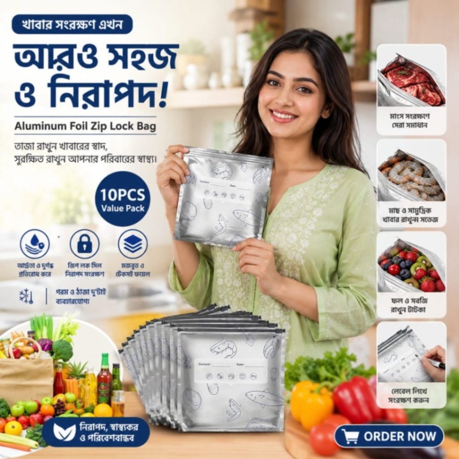 অ্যালুমিনিয়াম ফয়েল জিপ লক ব্যাগ - ১০ পিস (বড় সাইজ)
